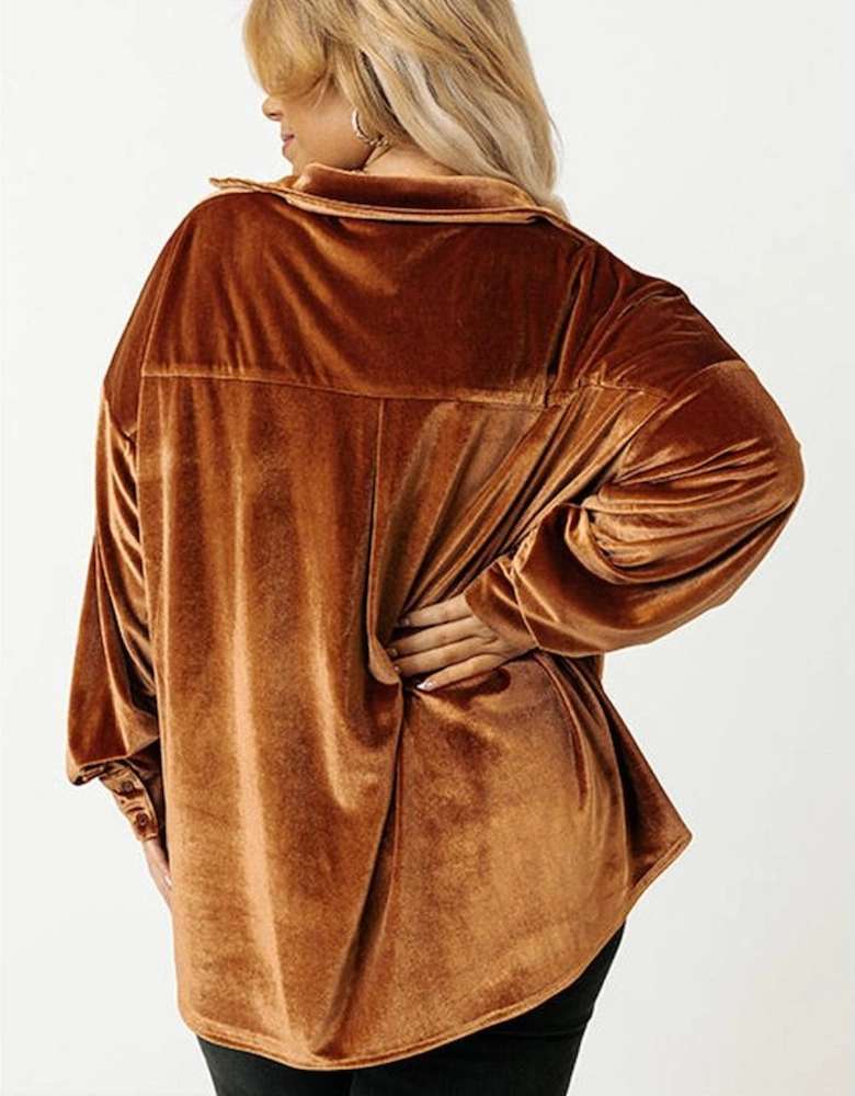 Chestnut Plus Size Velvet Chest Pocket Drop Shoulder Shirt