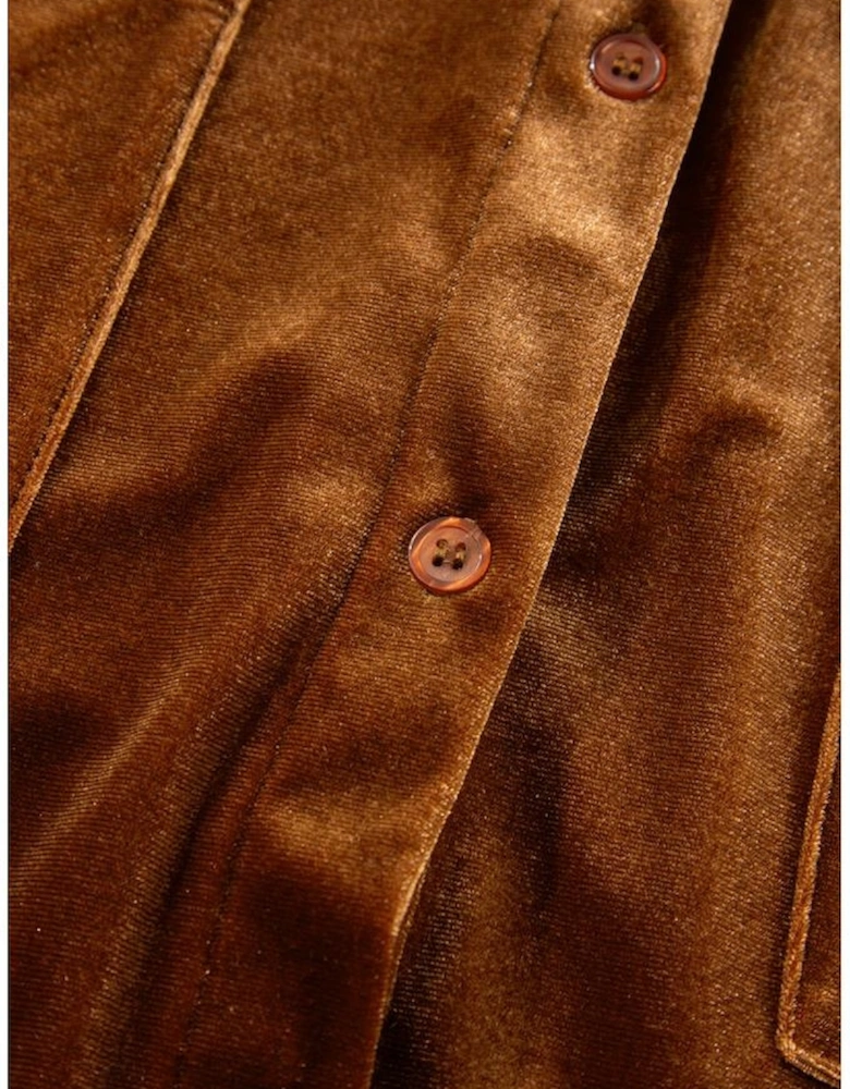 Chestnut Plus Size Velvet Chest Pocket Drop Shoulder Shirt