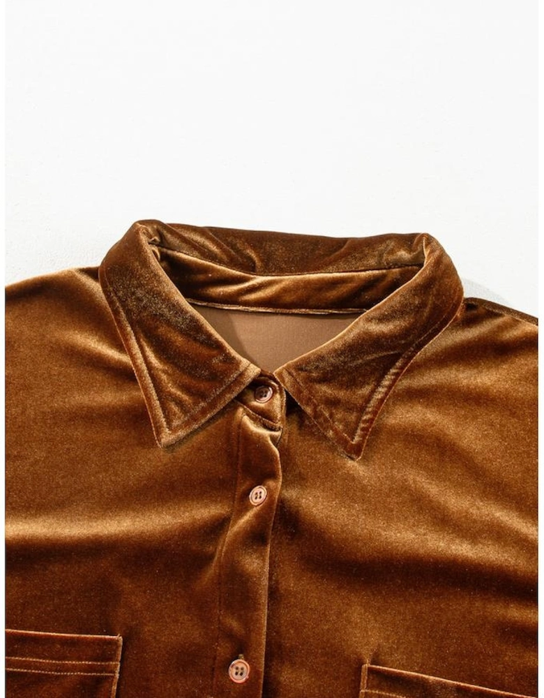 Chestnut Plus Size Velvet Chest Pocket Drop Shoulder Shirt