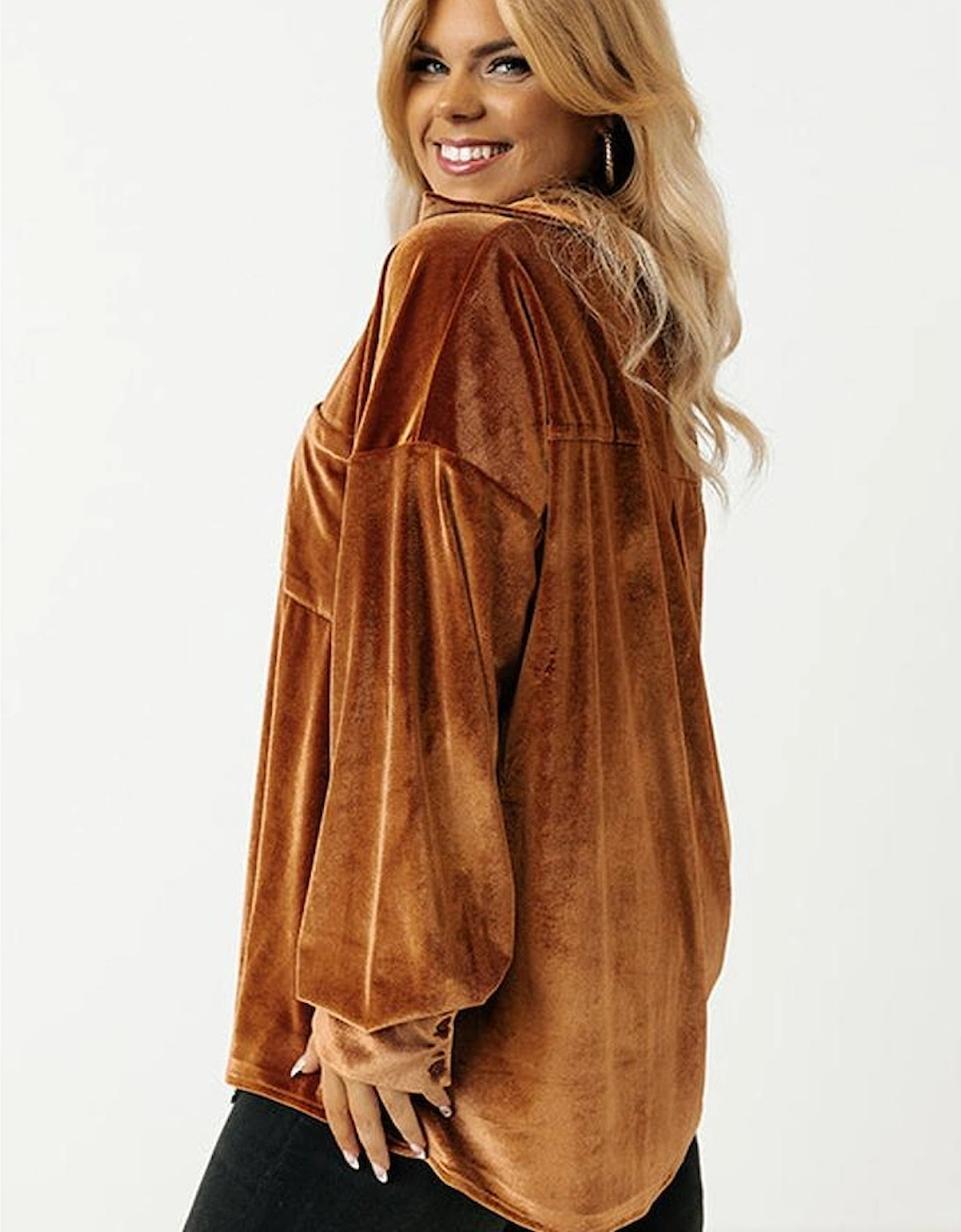 Chestnut Plus Size Velvet Chest Pocket Drop Shoulder Shirt