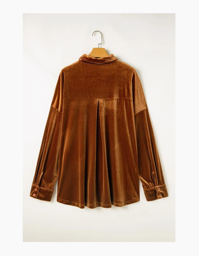Chestnut Plus Size Velvet Chest Pocket Drop Shoulder Shirt