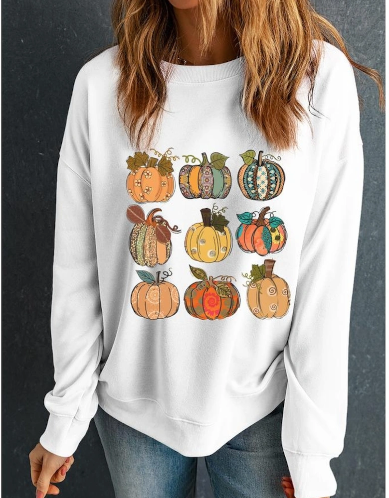 Beige Thanksgiving Pumpkin Print Drop Shoulder Sweatshirt