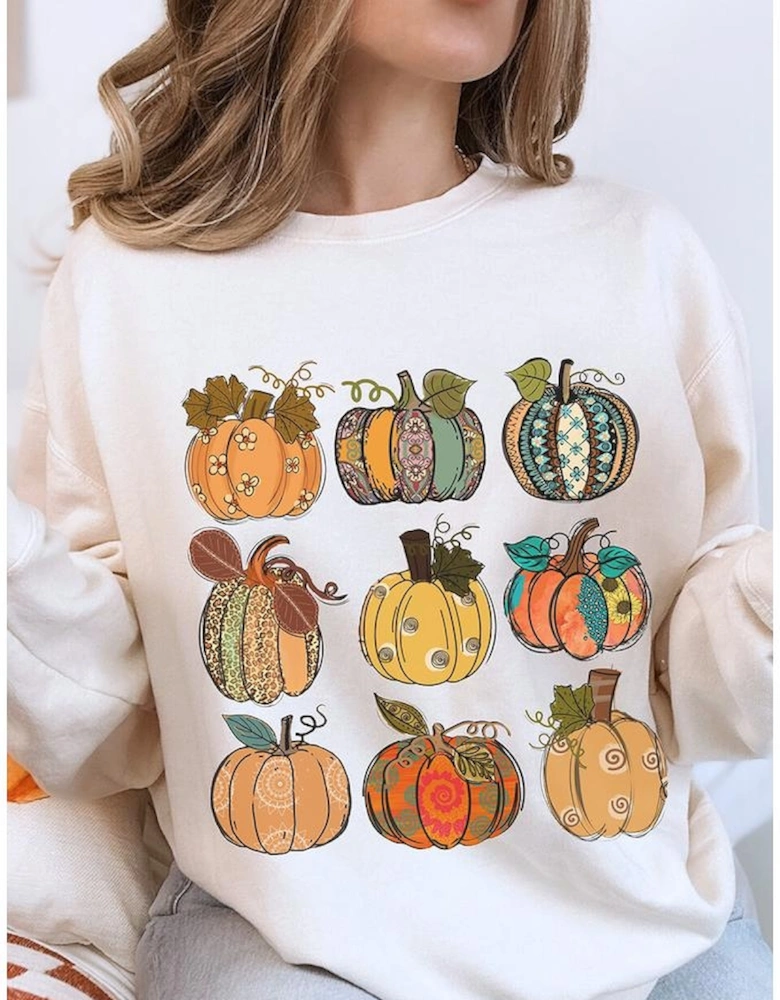 Beige Thanksgiving Pumpkin Print Drop Shoulder Sweatshirt