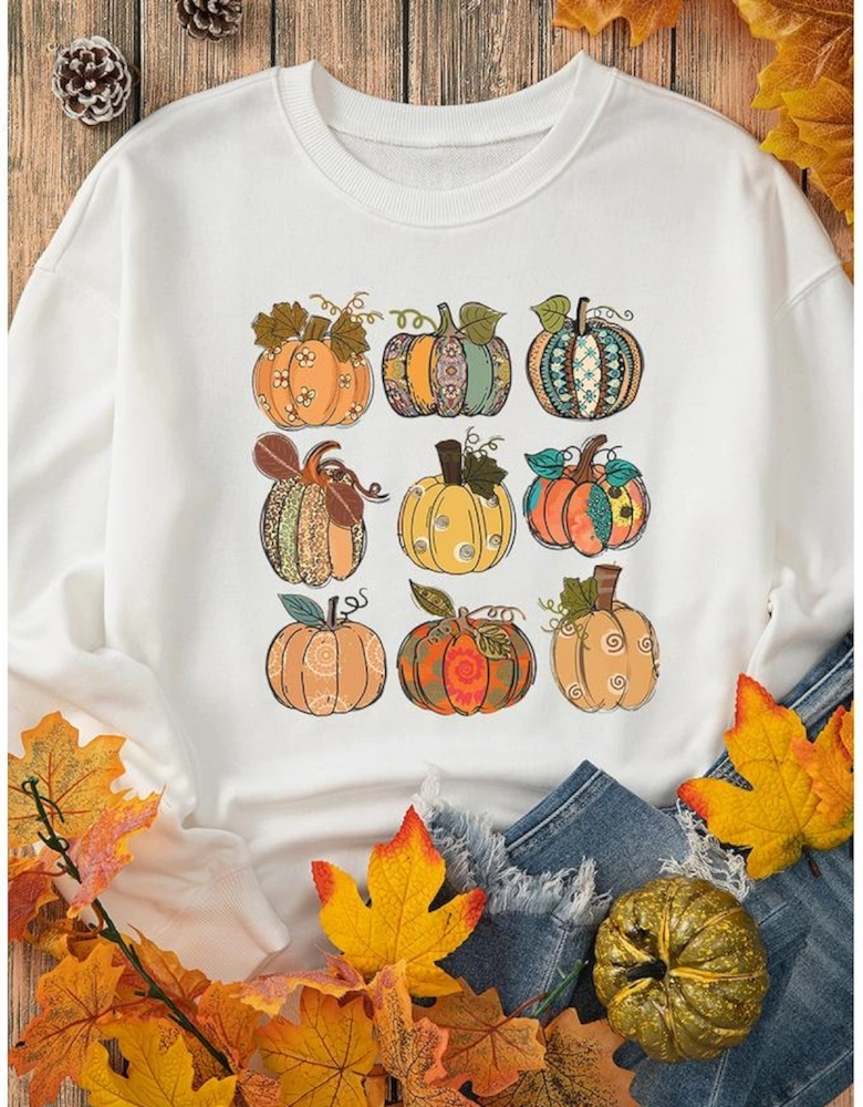 Beige Thanksgiving Pumpkin Print Drop Shoulder Sweatshirt