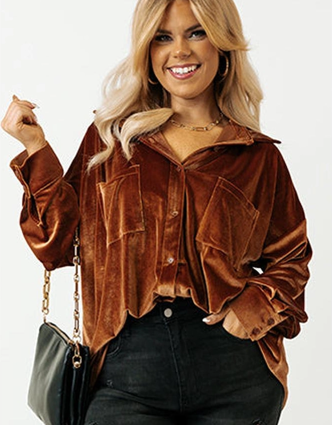 Chestnut Plus Size Velvet Chest Pocket Drop Shoulder Shirt, 15 of 14