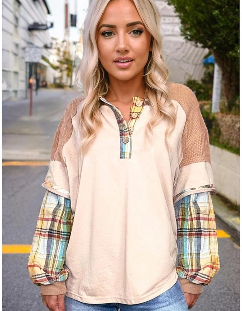 Parchment Plus Size Plaid Patchwork Layered Henley Top