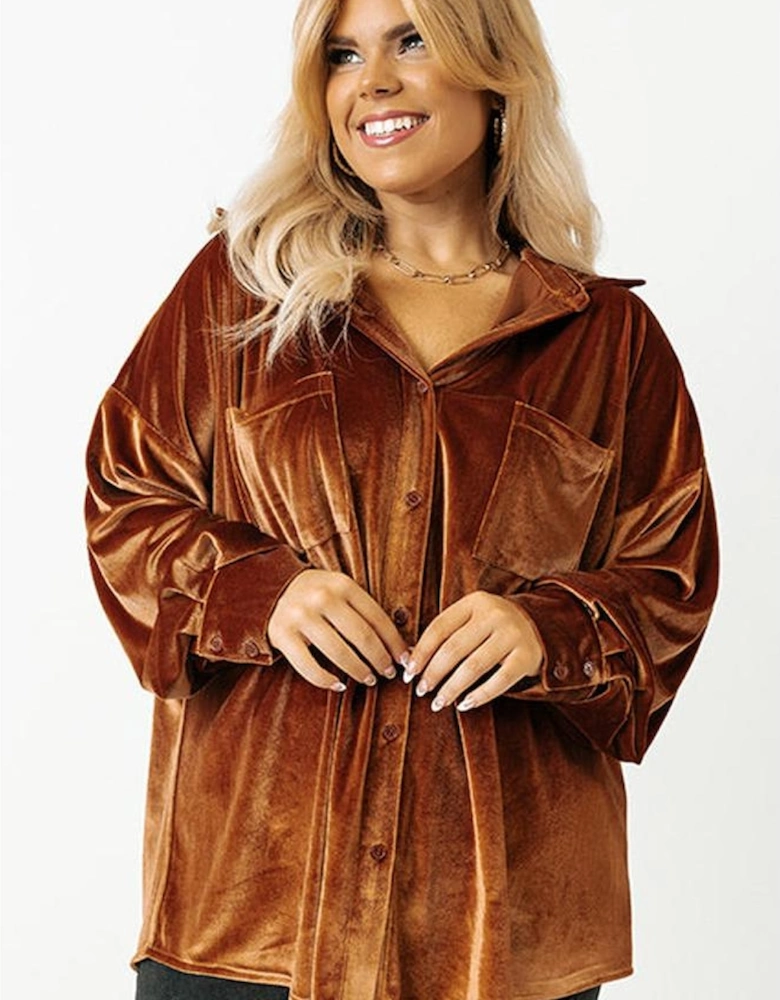 Chestnut Plus Size Velvet Chest Pocket Drop Shoulder Shirt