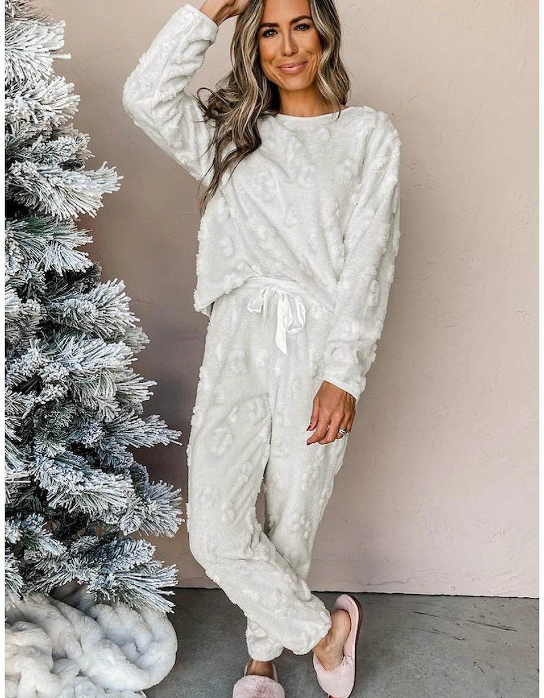 Light Grey Leopard Textured Loose Fit Fleece Lounge Set