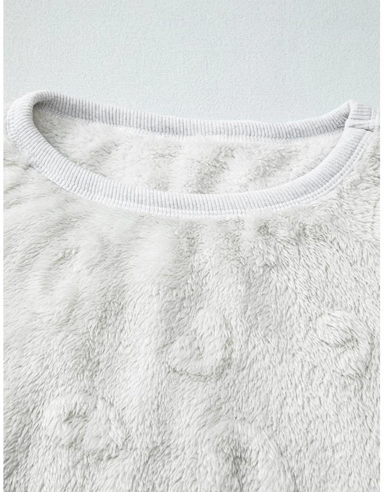 Light Grey Leopard Textured Loose Fit Fleece Lounge Set