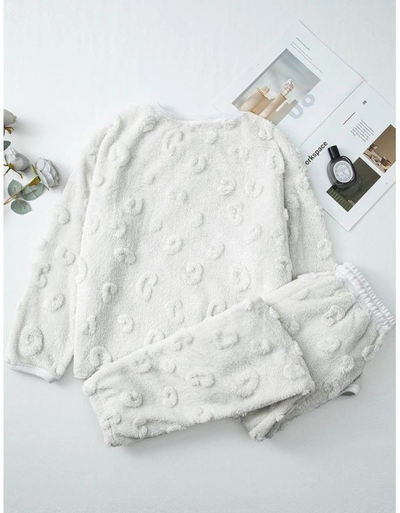 Light Grey Leopard Textured Loose Fit Fleece Lounge Set