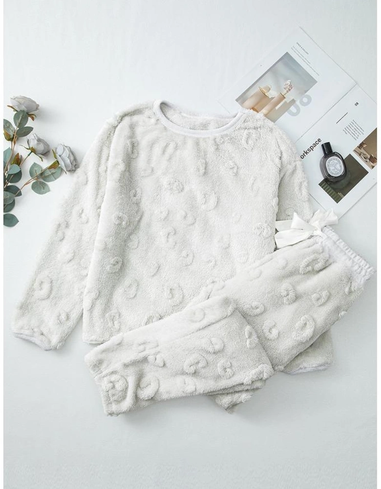 Light Grey Leopard Textured Loose Fit Fleece Lounge Set