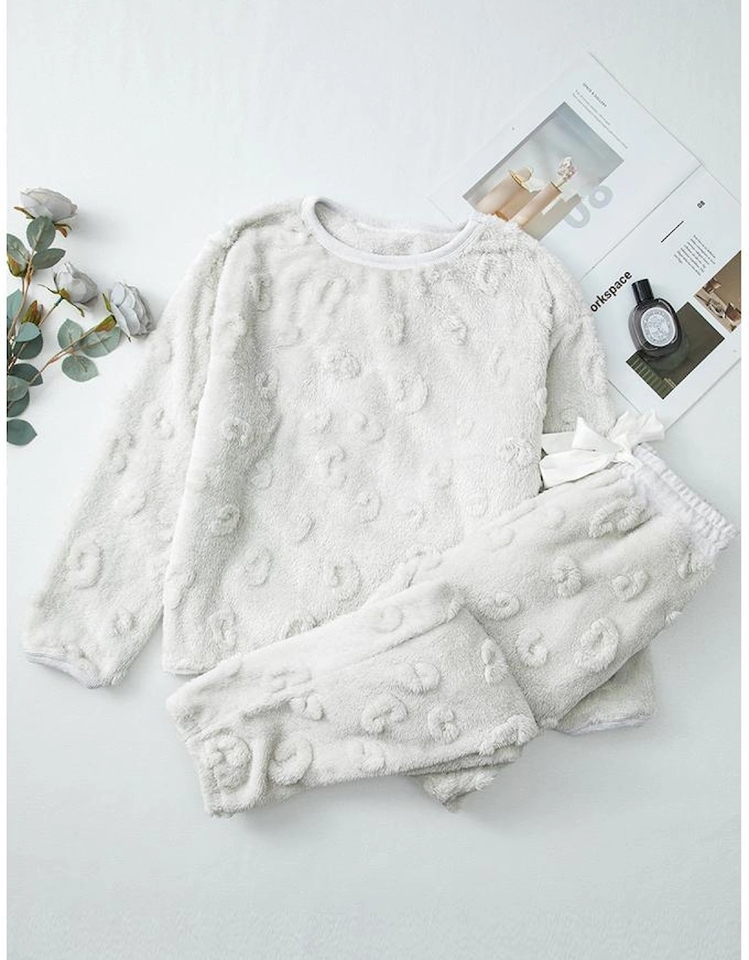 Light Grey Leopard Textured Loose Fit Fleece Lounge Set