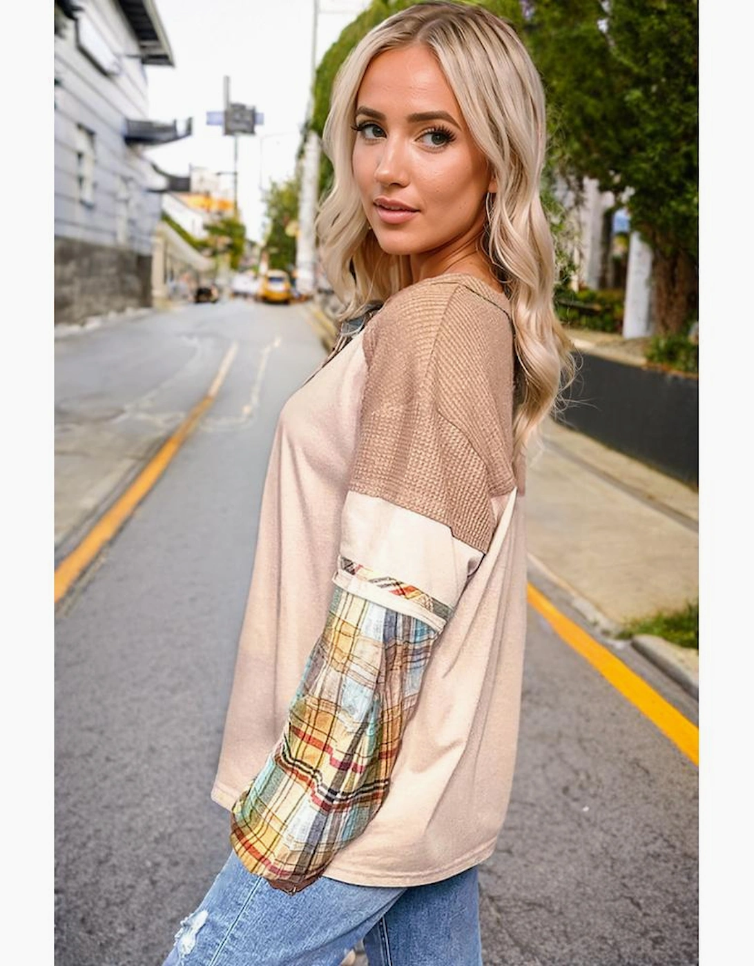 Parchment Plus Size Plaid Patchwork Layered Henley Top