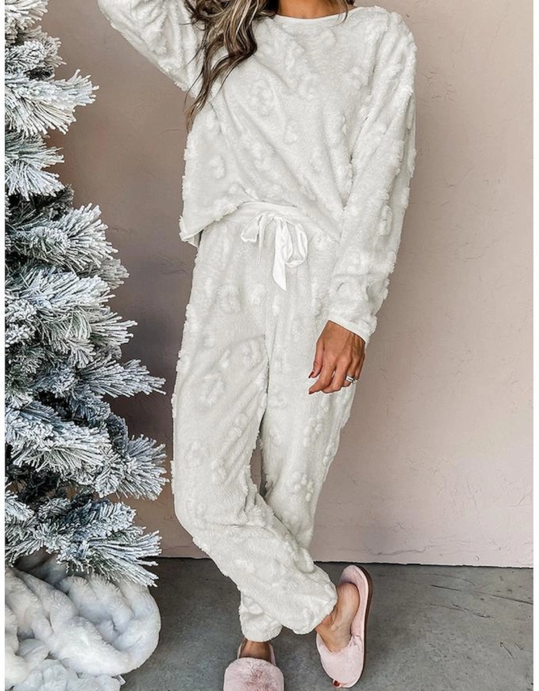Light Grey Leopard Textured Loose Fit Fleece Lounge Set