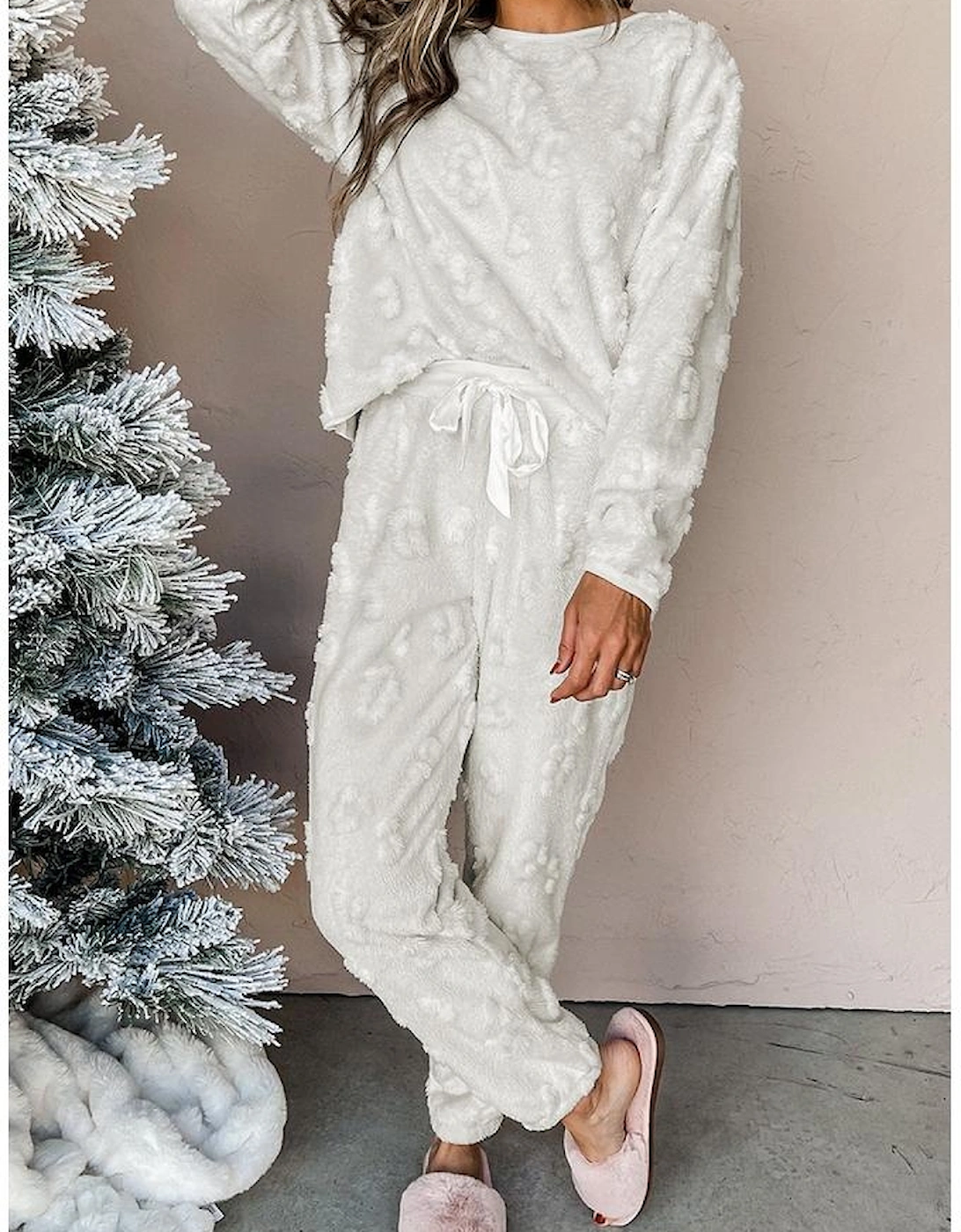 Light Grey Leopard Textured Loose Fit Fleece Lounge Set