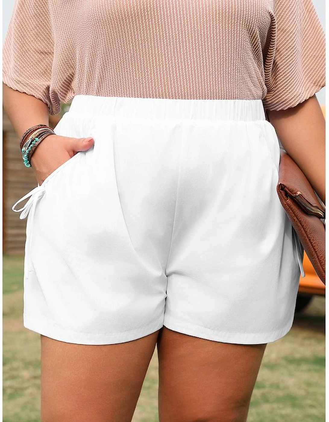 White Bow Decor Pockets Plus Size Shorts