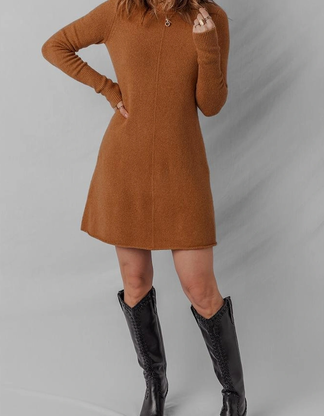 Straw Yellow Ribbed Detail Solid Color Mini Sweater Dress