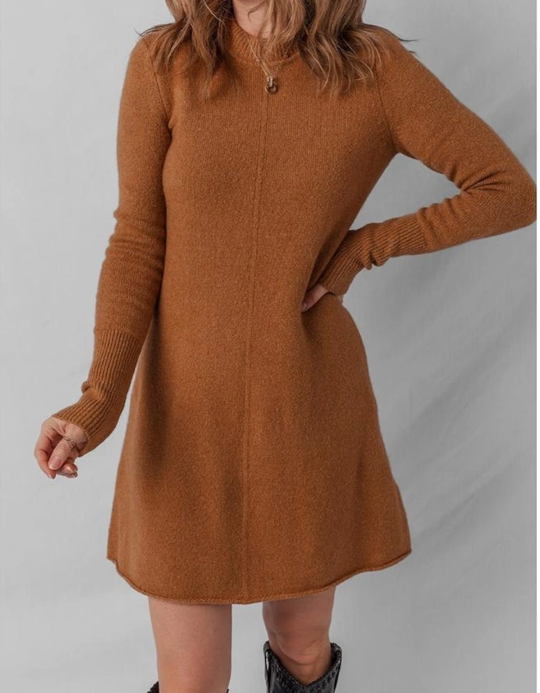 Straw Yellow Ribbed Detail Solid Color Mini Sweater Dress