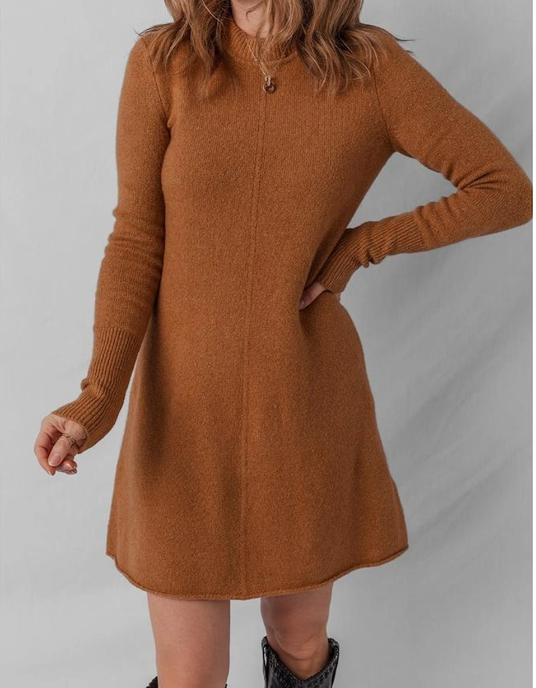 Straw Yellow Ribbed Detail Solid Color Mini Sweater Dress