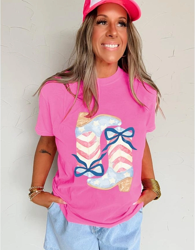 Sachet Pink Flag Pattern Boots Bow Accent Casual Graphic Tee