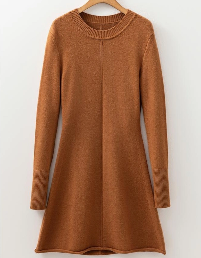 Straw Yellow Ribbed Detail Solid Color Mini Sweater Dress