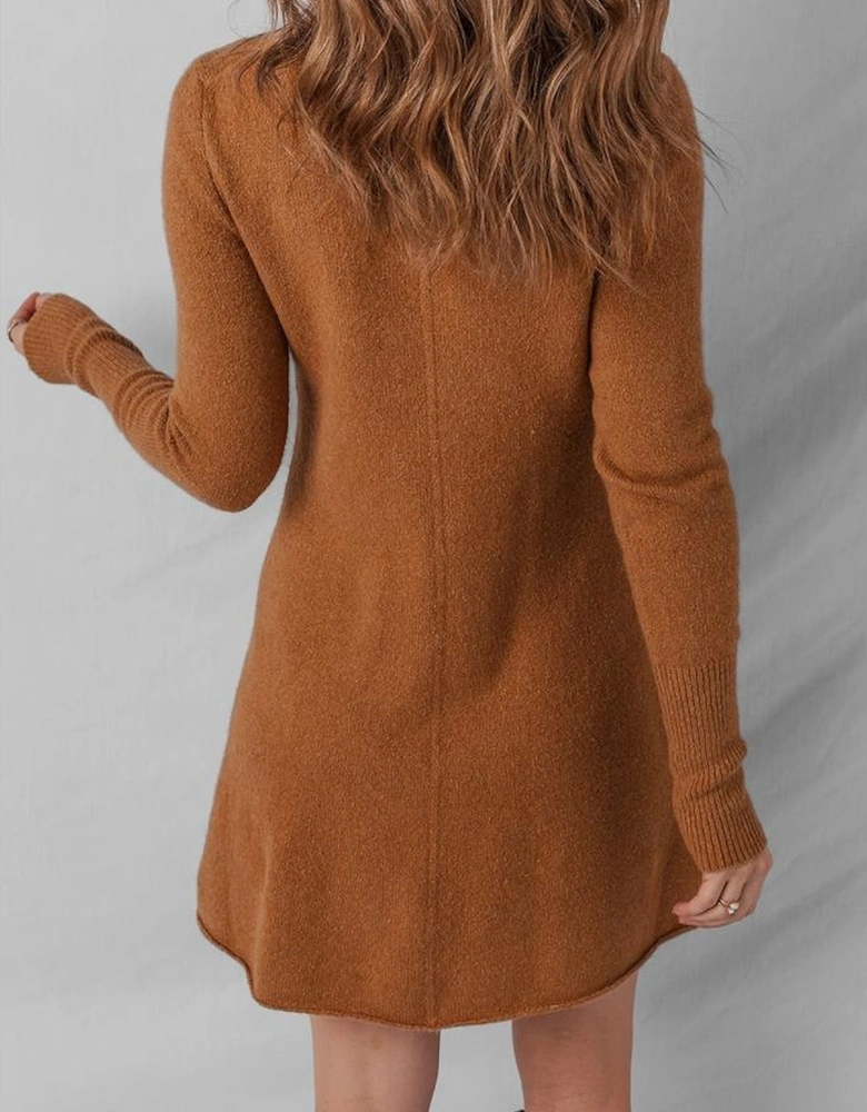 Straw Yellow Ribbed Detail Solid Color Mini Sweater Dress