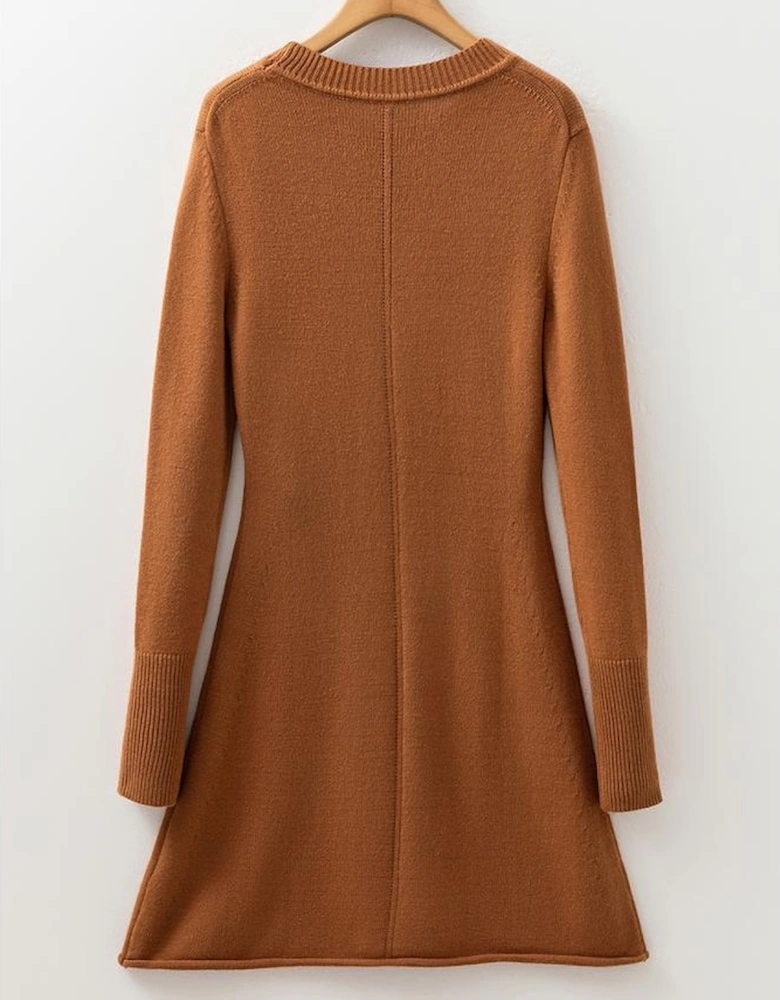 Straw Yellow Ribbed Detail Solid Color Mini Sweater Dress