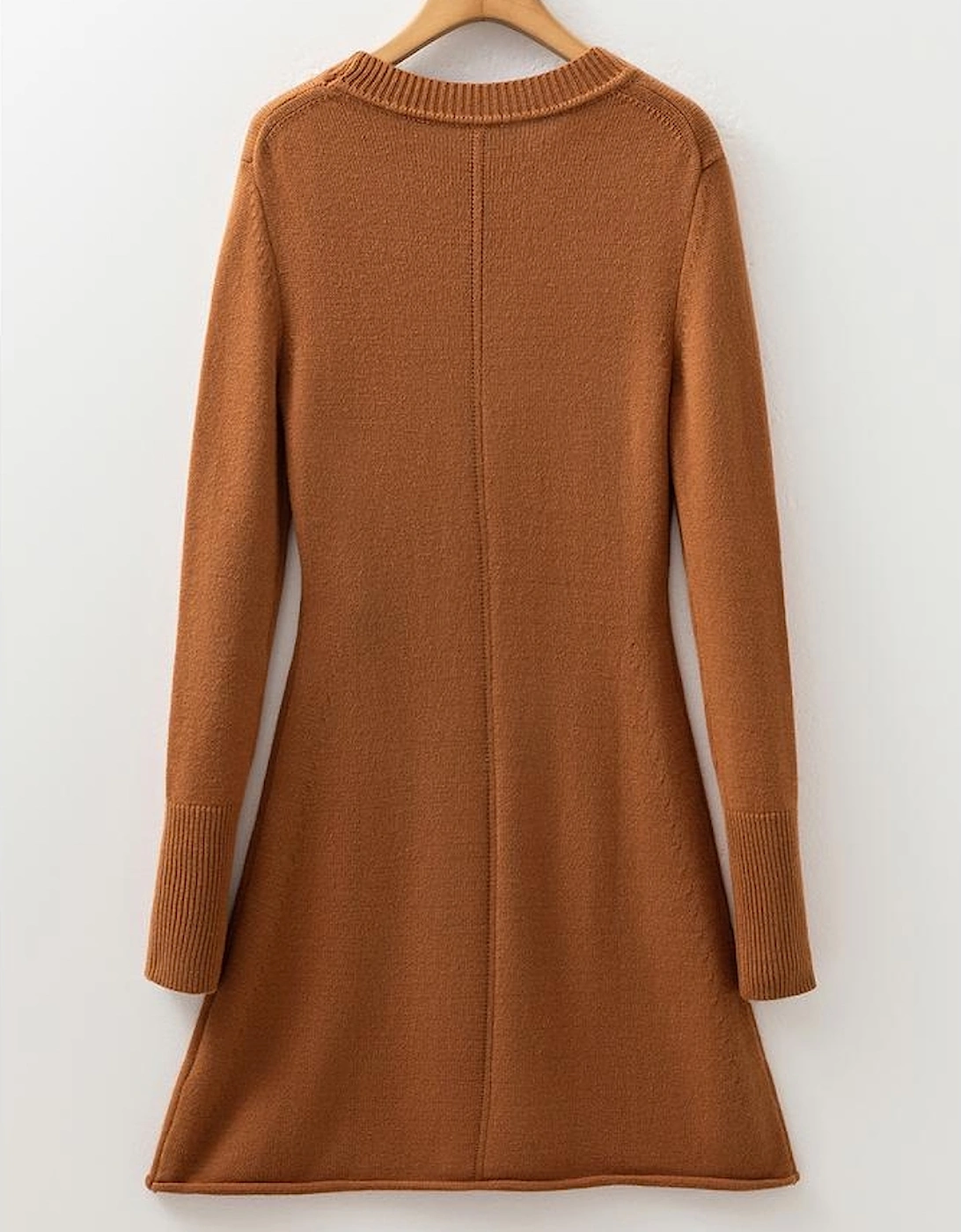 Straw Yellow Ribbed Detail Solid Color Mini Sweater Dress