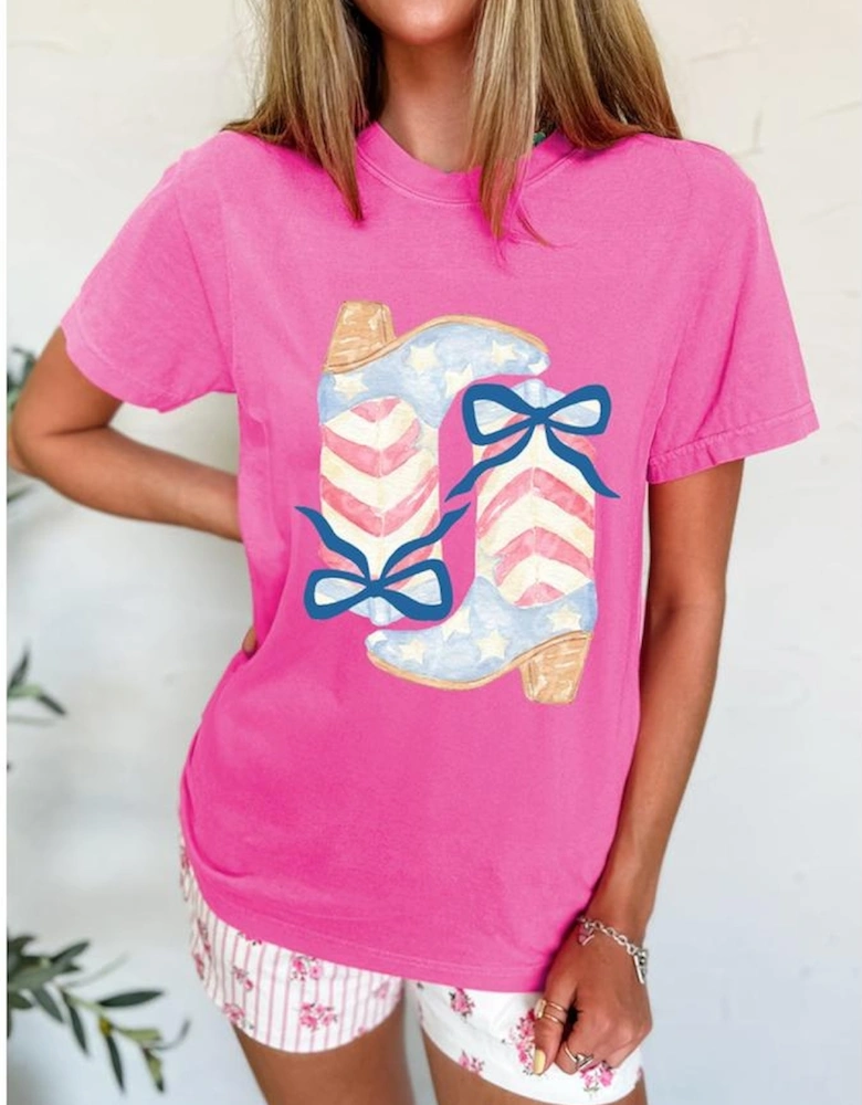 Sachet Pink Flag Pattern Boots Bow Accent Casual Graphic Tee
