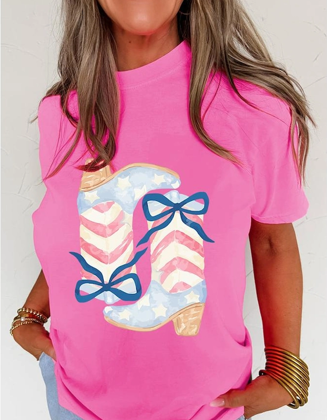 Sachet Pink Flag Pattern Boots Bow Accent Casual Graphic Tee
