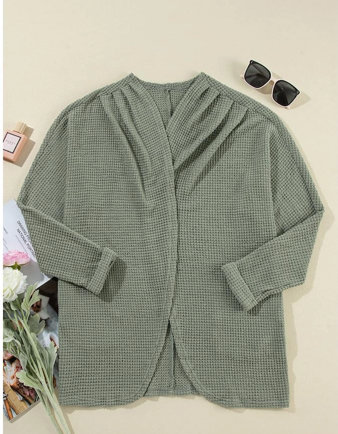 Laurel Green Waffle Knit Open Front Cardigan