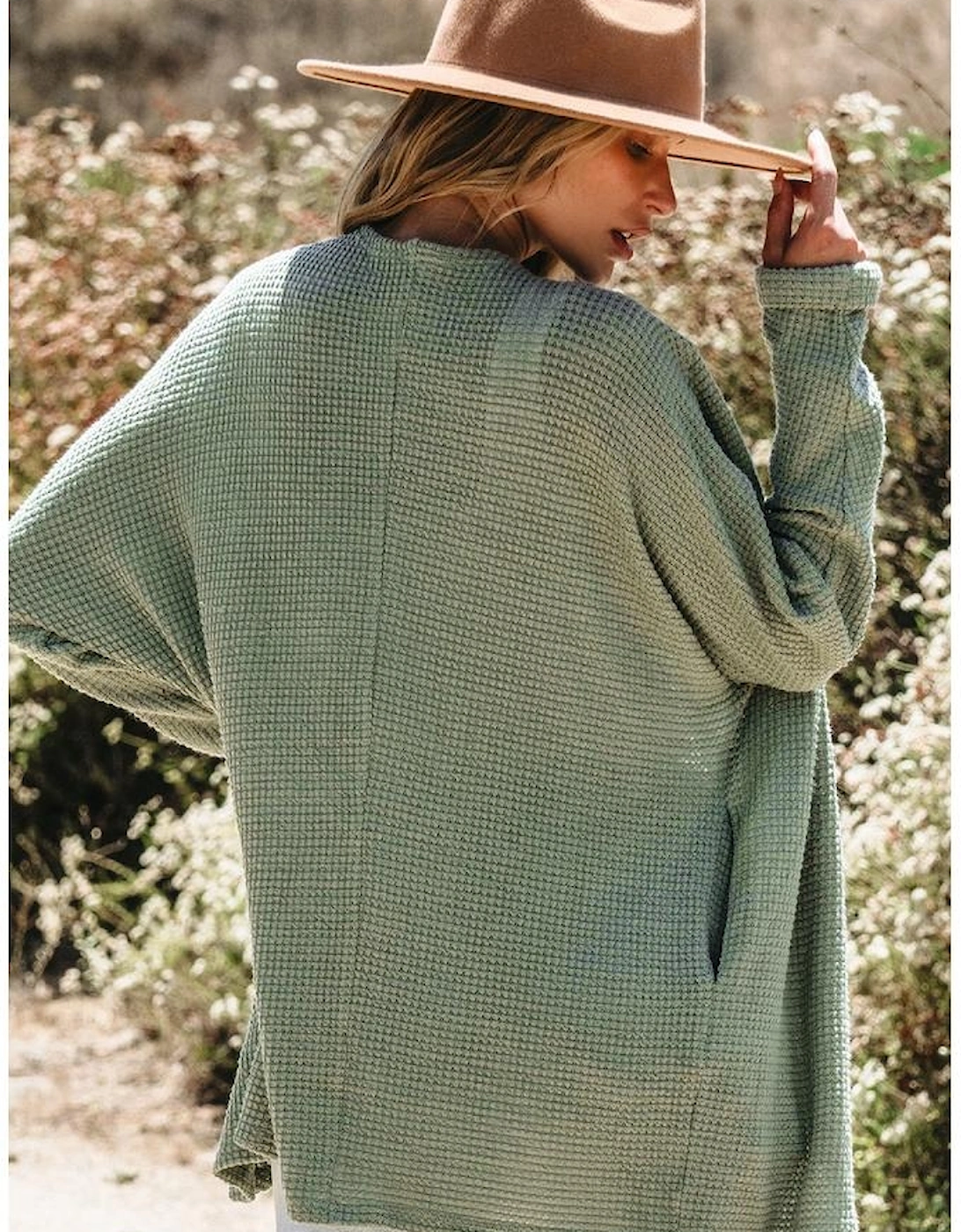 Laurel Green Waffle Knit Open Front Cardigan