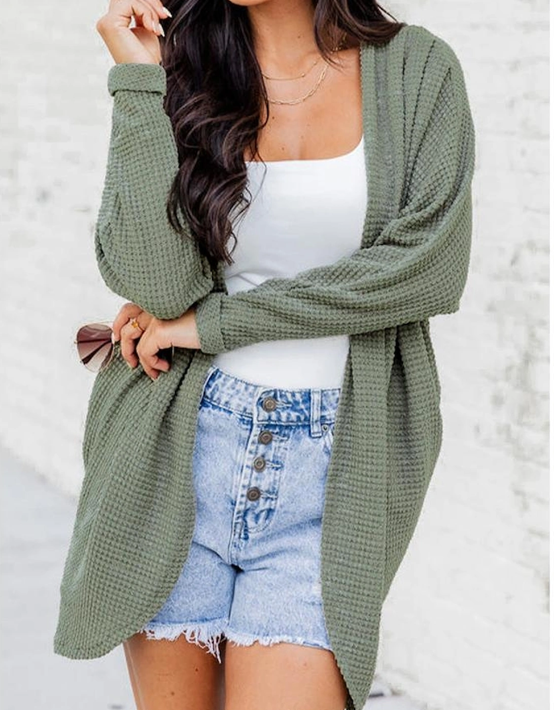 Laurel Green Waffle Knit Open Front Cardigan