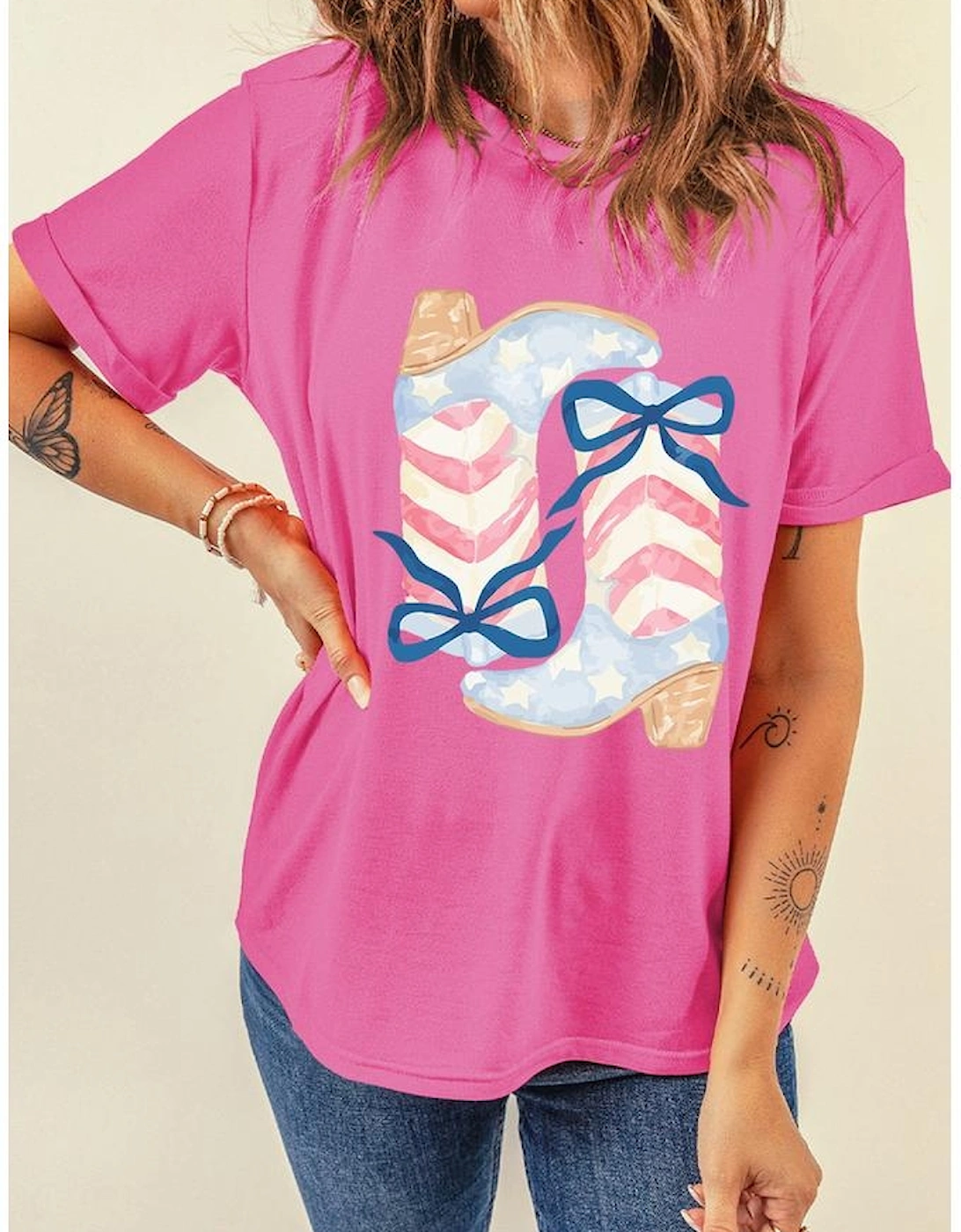 Sachet Pink Flag Pattern Boots Bow Accent Casual Graphic Tee