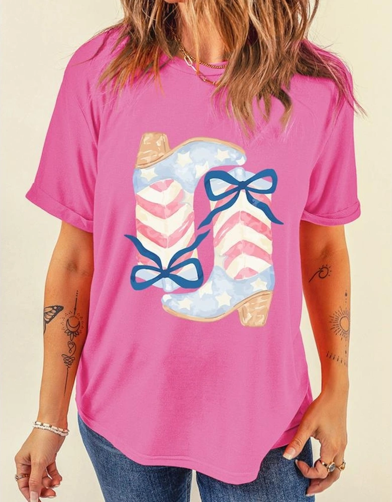 Sachet Pink Flag Pattern Boots Bow Accent Casual Graphic Tee