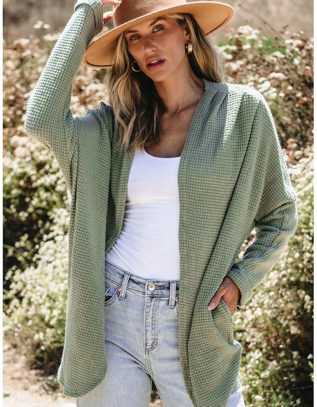 Laurel Green Waffle Knit Open Front Cardigan