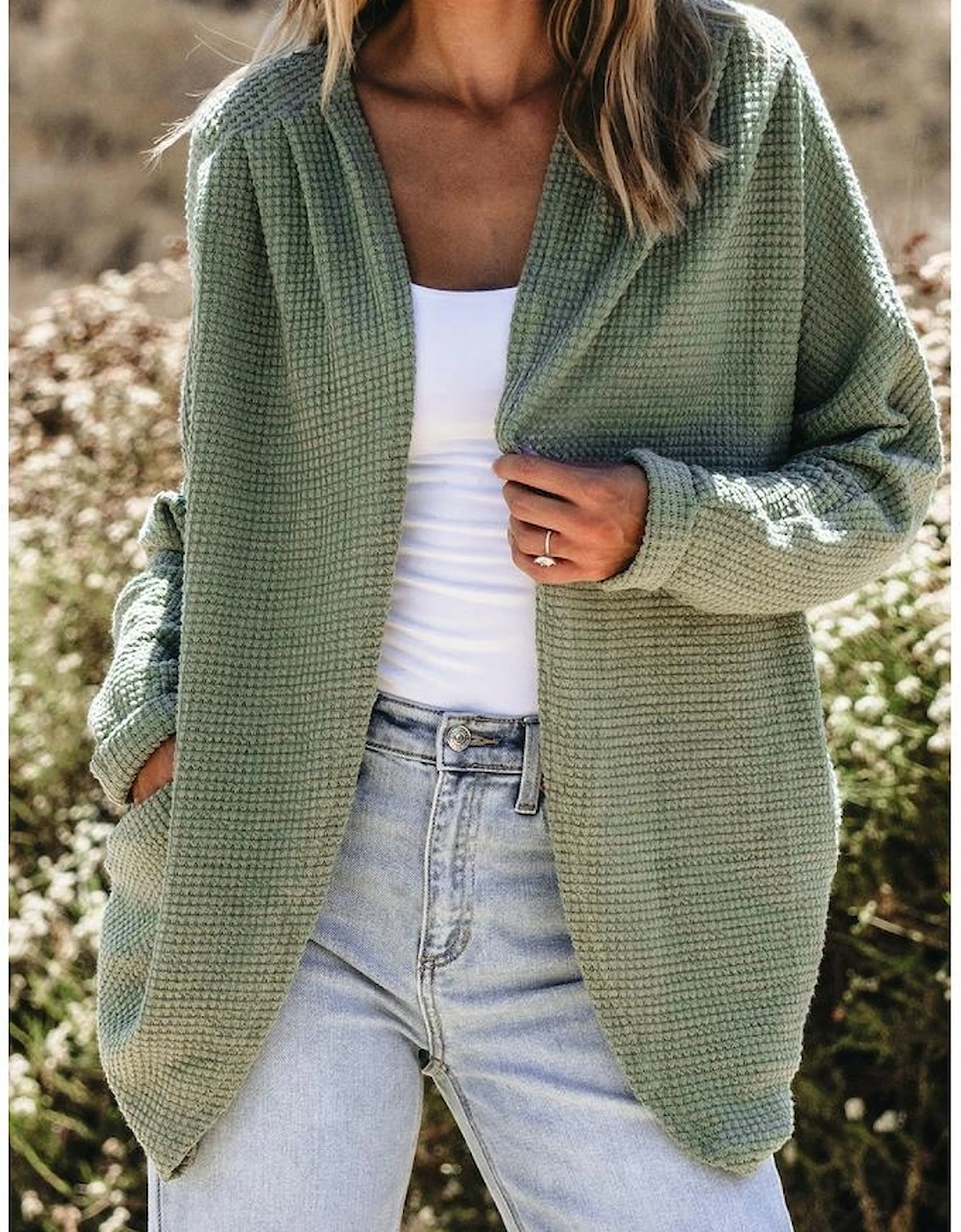 Laurel Green Waffle Knit Open Front Cardigan