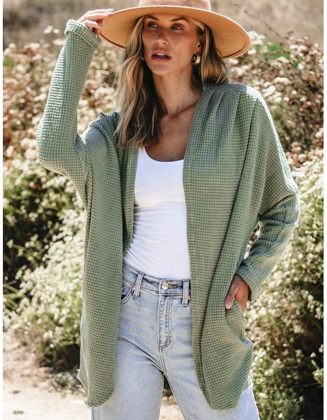 Laurel Green Waffle Knit Open Front Cardigan