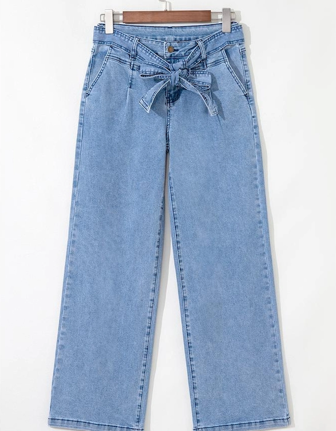 Beau Blue Western Washed Bow Knot Sash Wide Leg Jeans