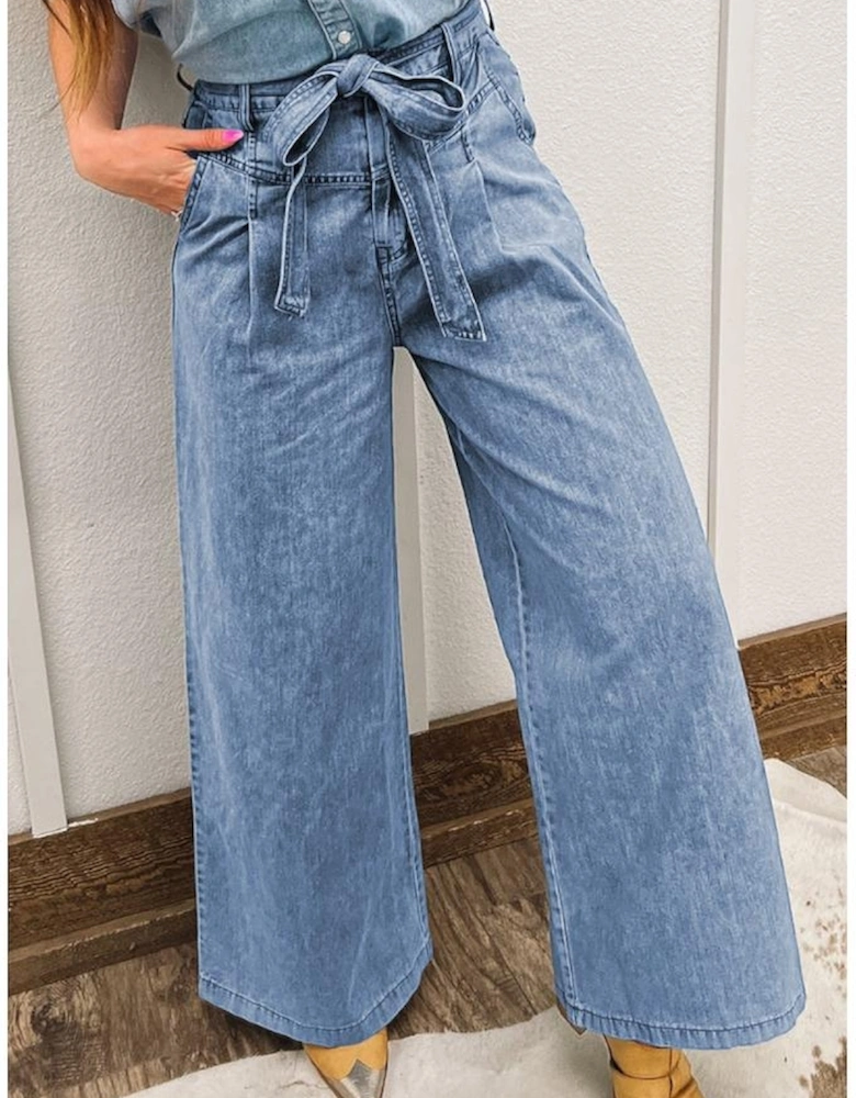 Beau Blue Western Washed Bow Knot Sash Wide Leg Jeans