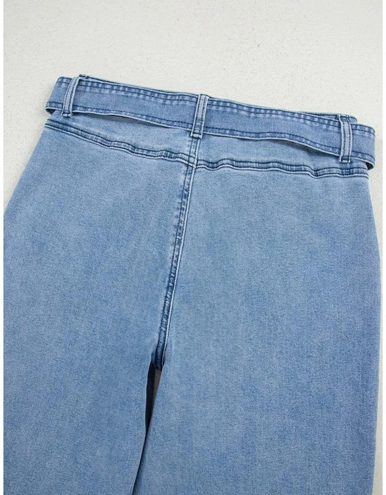 Beau Blue Western Washed Bow Knot Sash Wide Leg Jeans