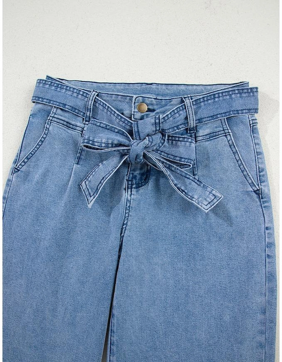 Beau Blue Western Washed Bow Knot Sash Wide Leg Jeans