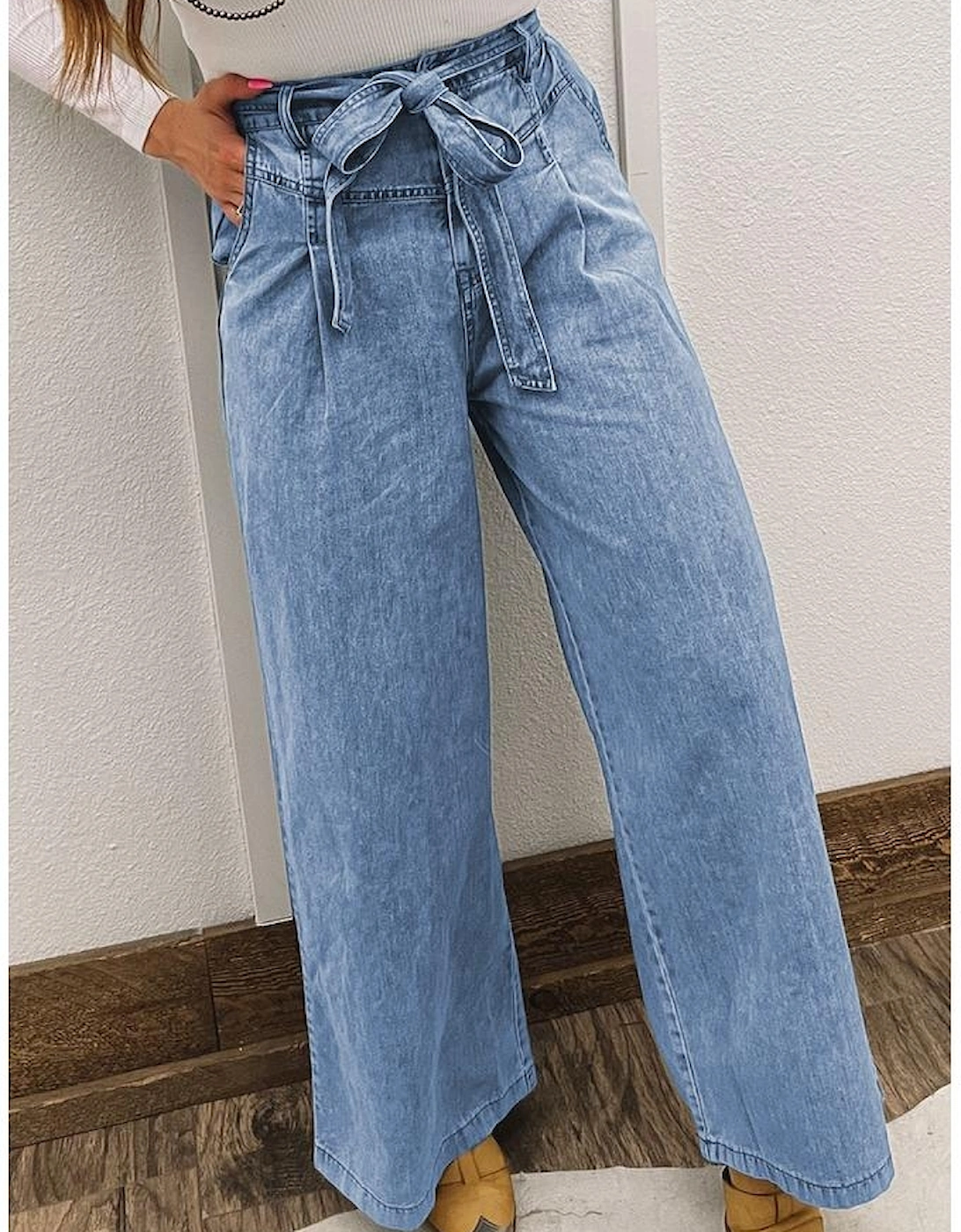 Beau Blue Western Washed Bow Knot Sash Wide Leg Jeans