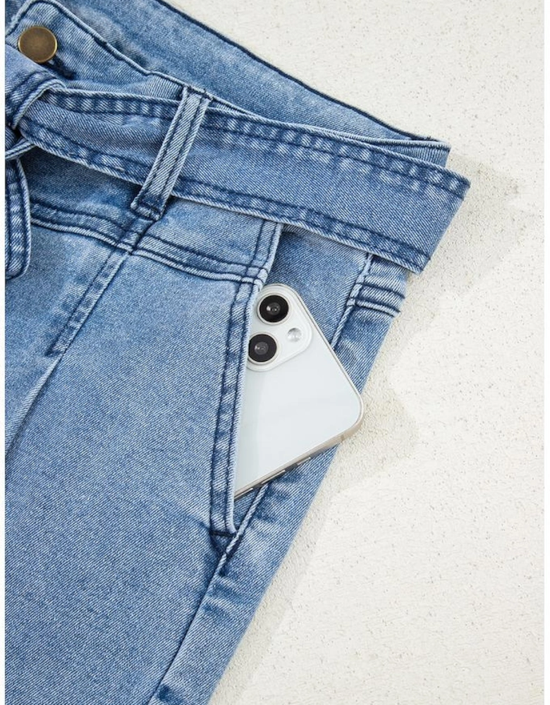 Beau Blue Western Washed Bow Knot Sash Wide Leg Jeans