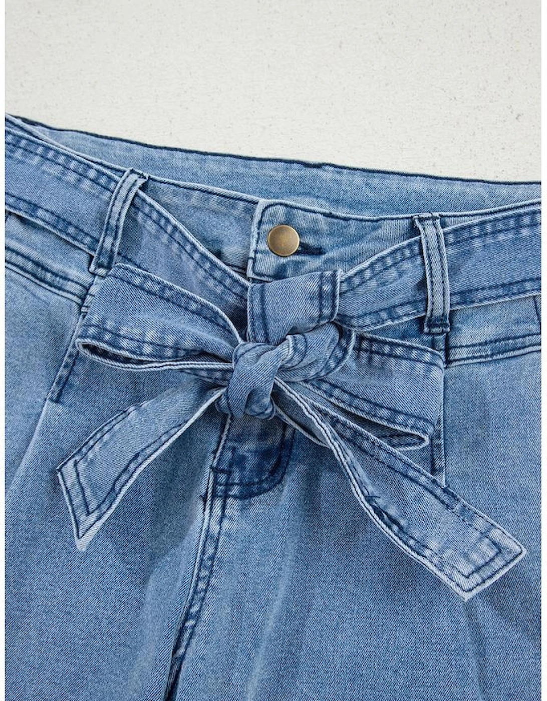 Beau Blue Western Washed Bow Knot Sash Wide Leg Jeans