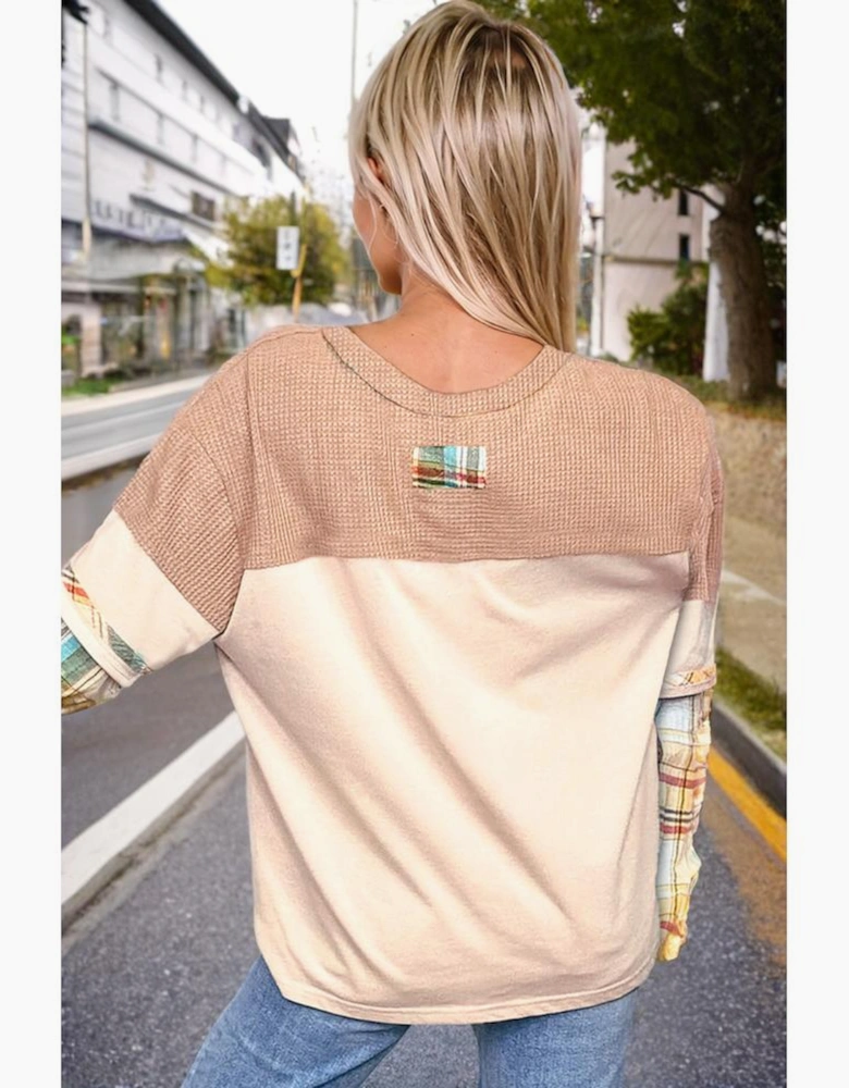 Parchment Plus Size Plaid Patchwork Layered Henley Top