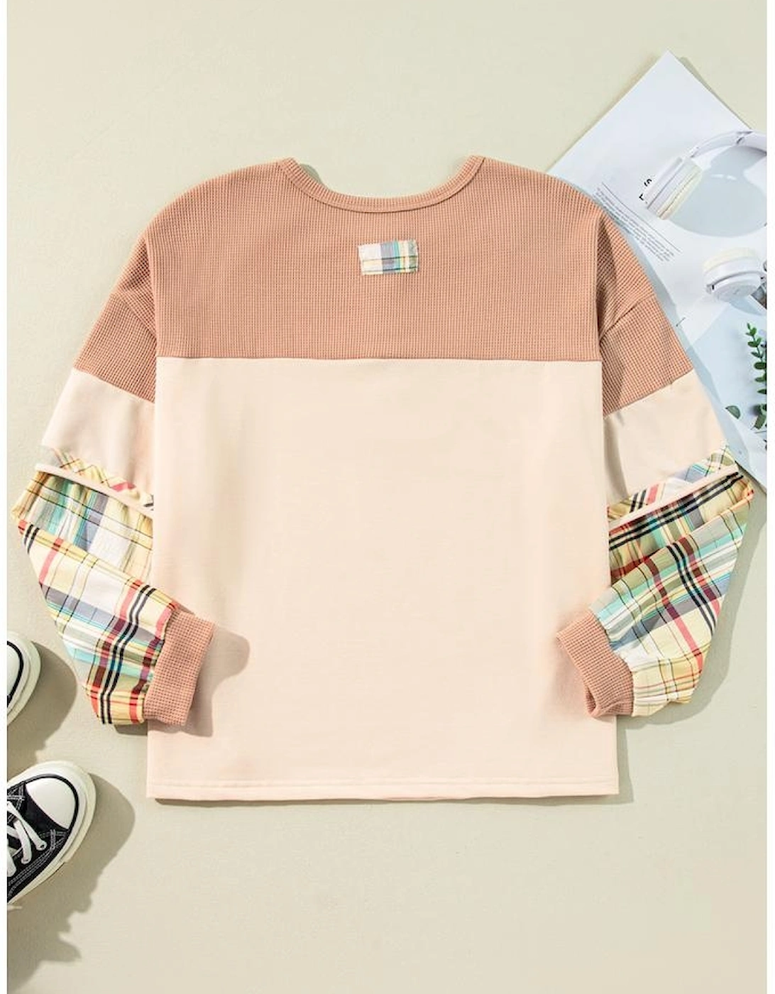 Parchment Plus Size Plaid Patchwork Layered Henley Top