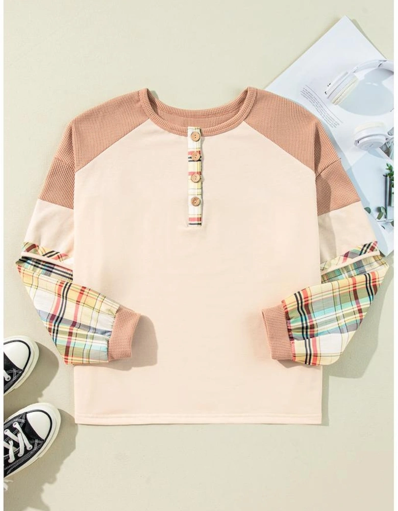 Parchment Plus Size Plaid Patchwork Layered Henley Top