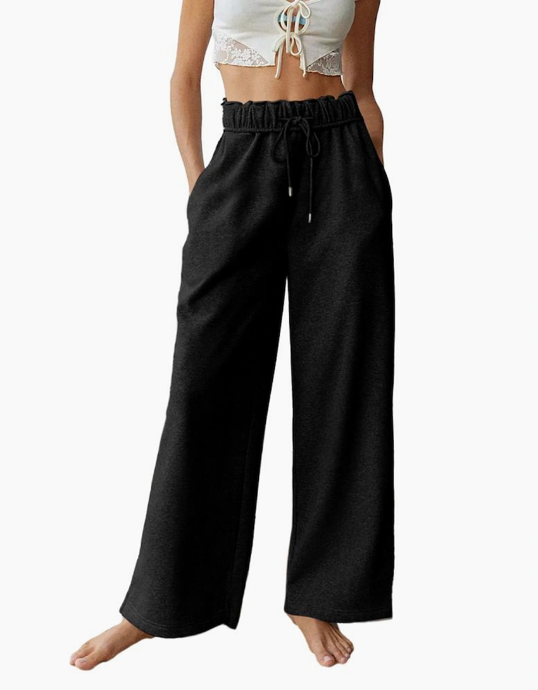 Black Elastic High Waist Drawstring Sweatpants