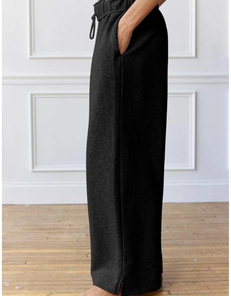 Black Elastic High Waist Drawstring Sweatpants